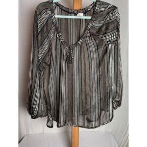 By Together Sheer Striped Metallic‎ Gold V-Neck Balloon Sleeve Blouse Womens S/M